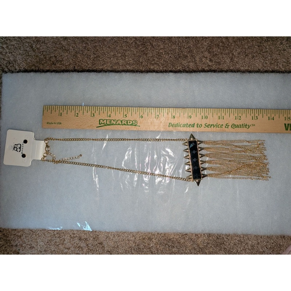 Bansri Gold Tone Black Stone Spike Fringe Statement Necklace and Earring Set - Picture 3 of 3